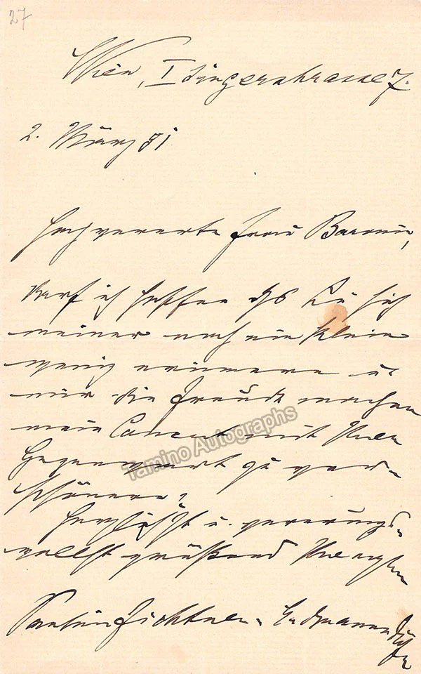Fichter-Erdmannsdorfer, Pauline - Autograph Note Signed 1881