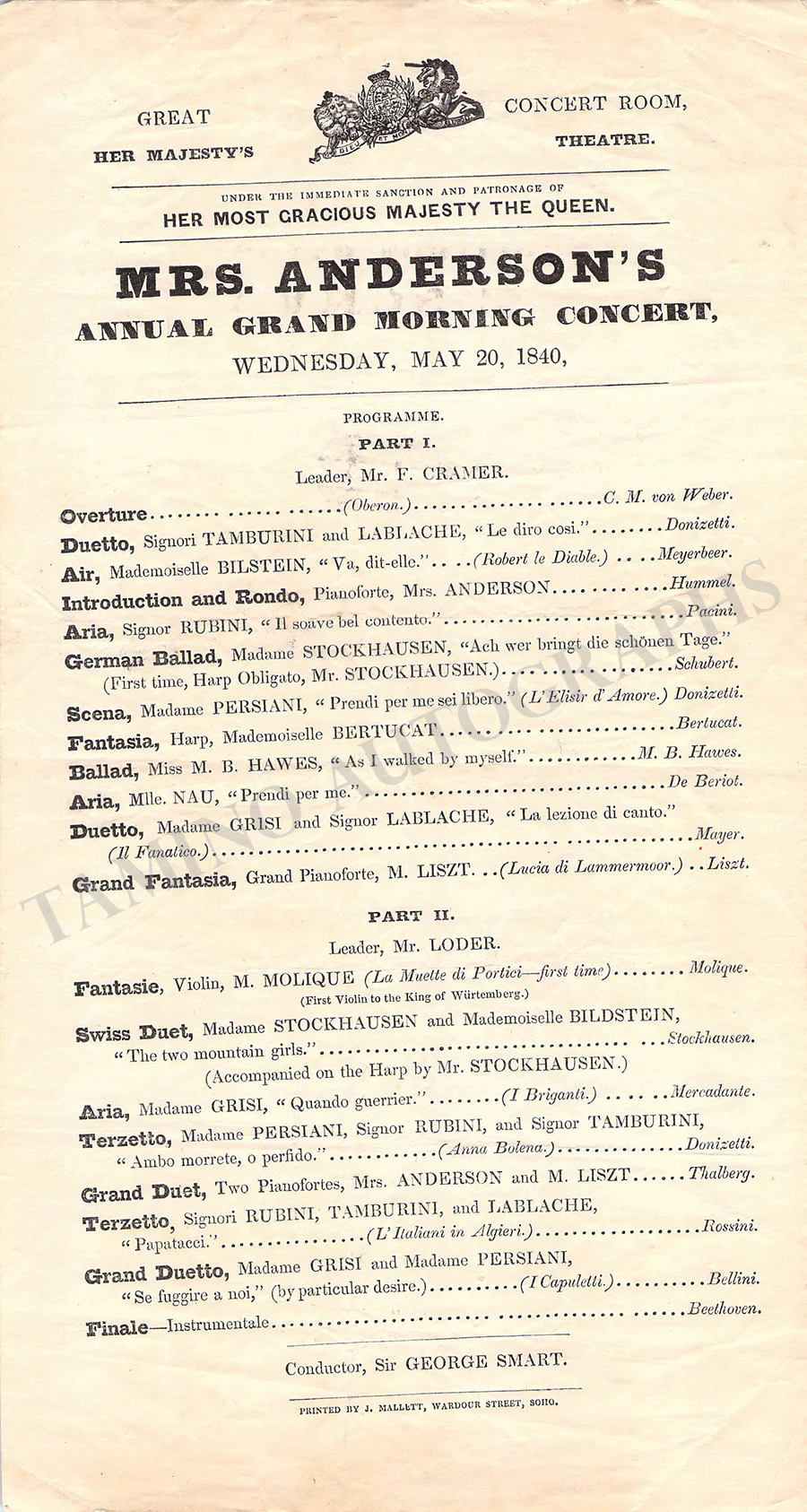 Persiani, Fanny - Grisi, Giulia - Rubini, Giovanni & Others - Concert Playbill 1840