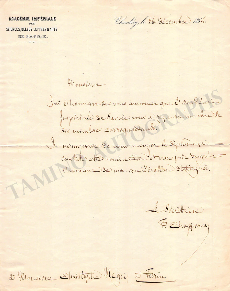 Chaperon, Philippe - Autograph Letter Signed 1864