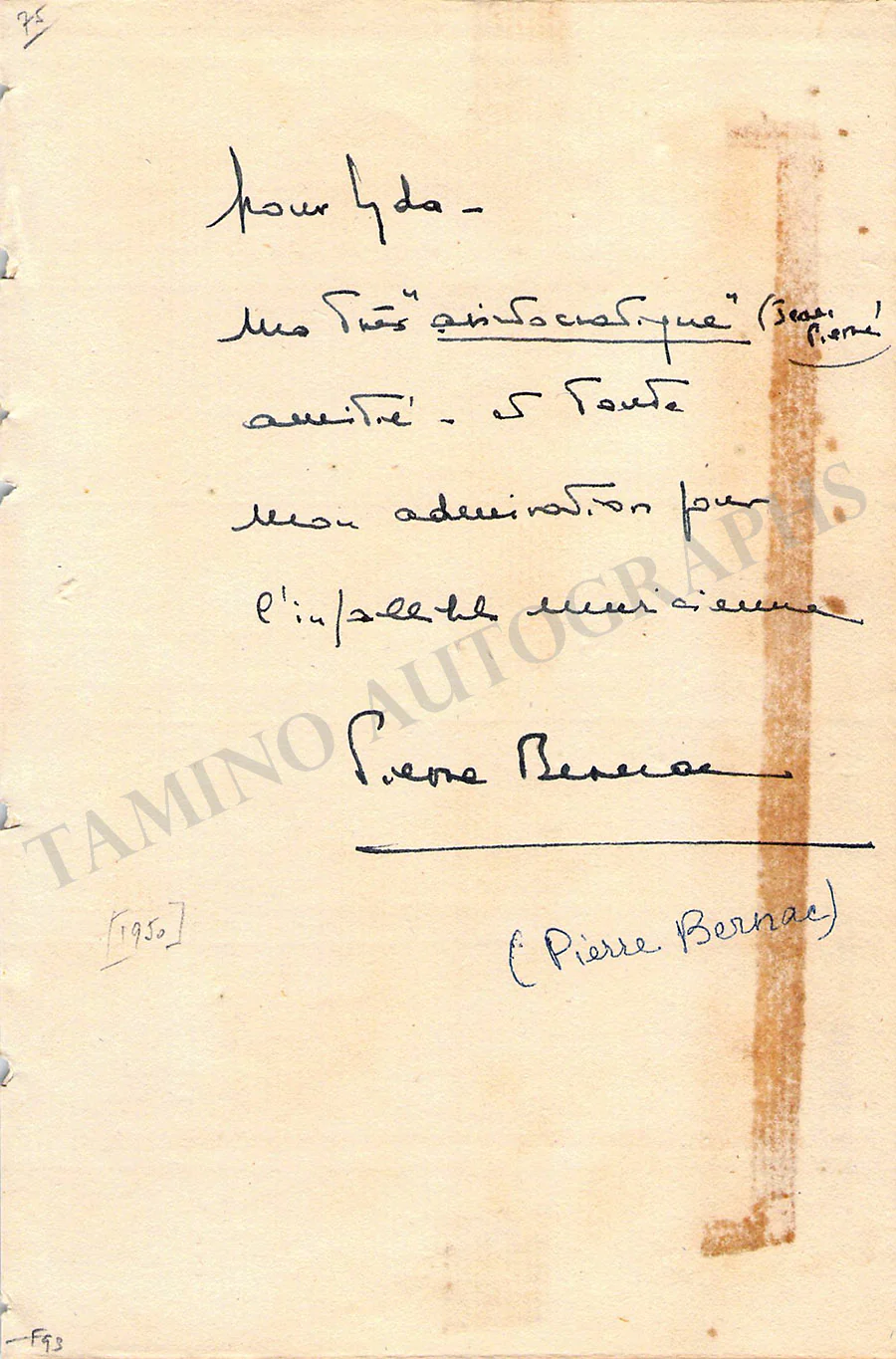 Bernac, Pierre - Autograph Note Signed