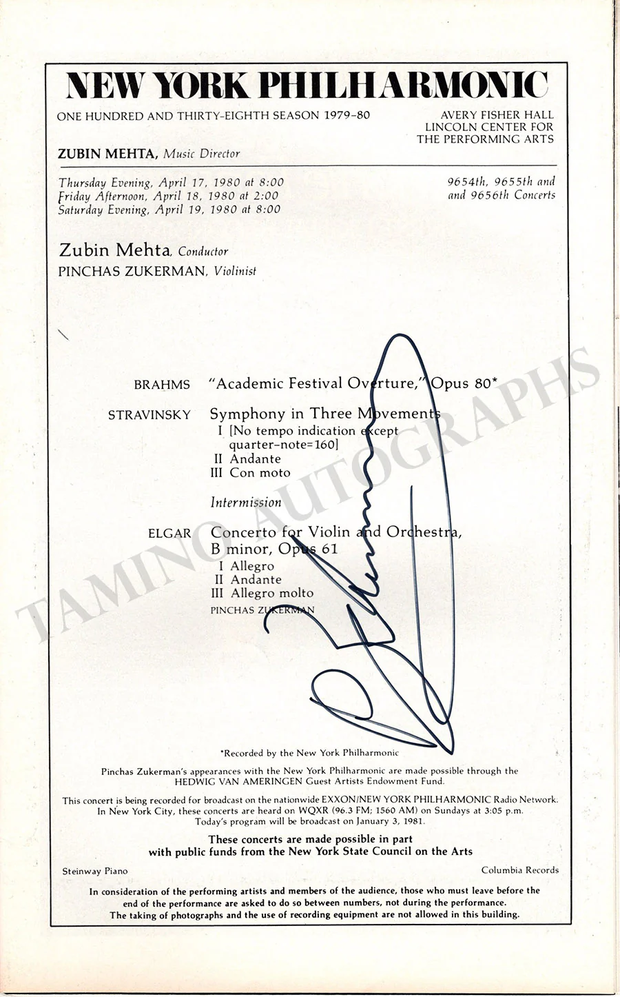Zukerman, Pinchas - Signed Program New York 1980