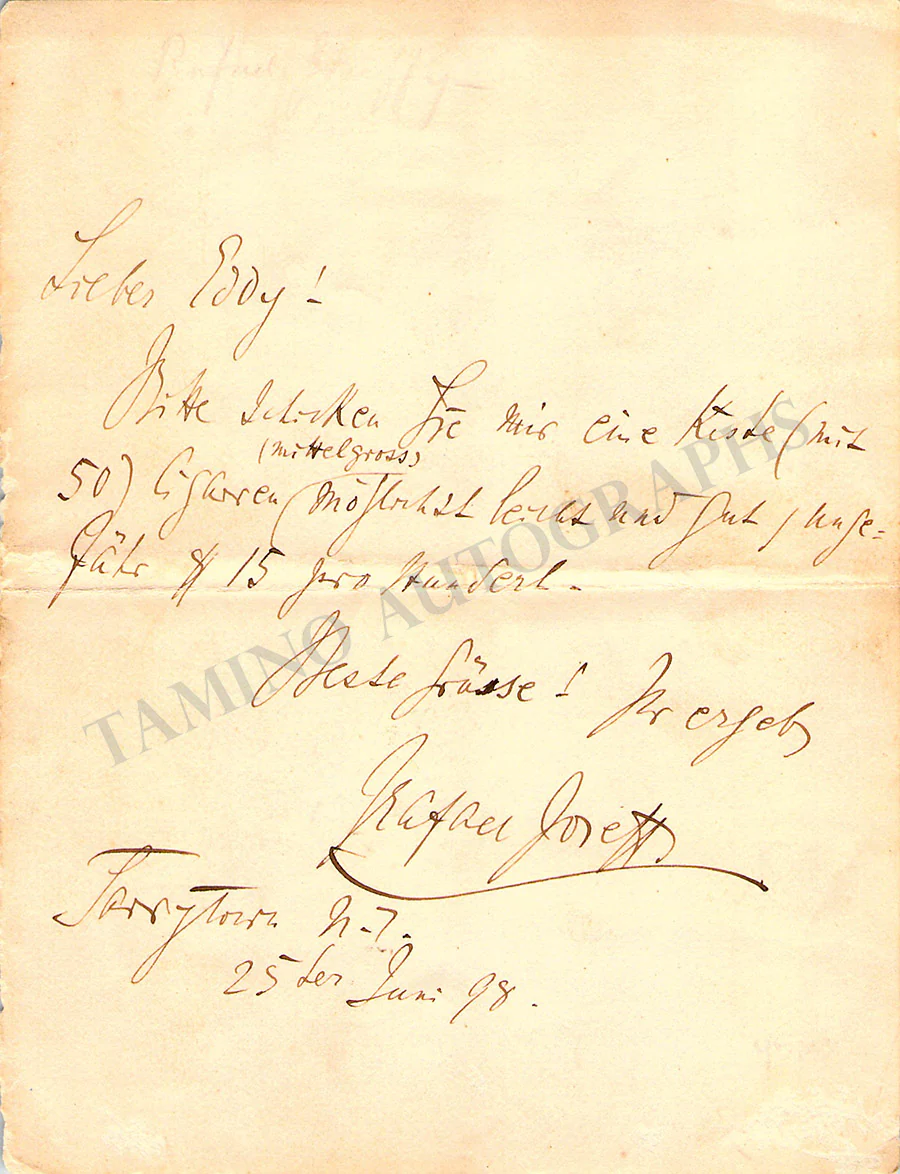 Joseffy, Rafael - Autograph Note Signed 1898