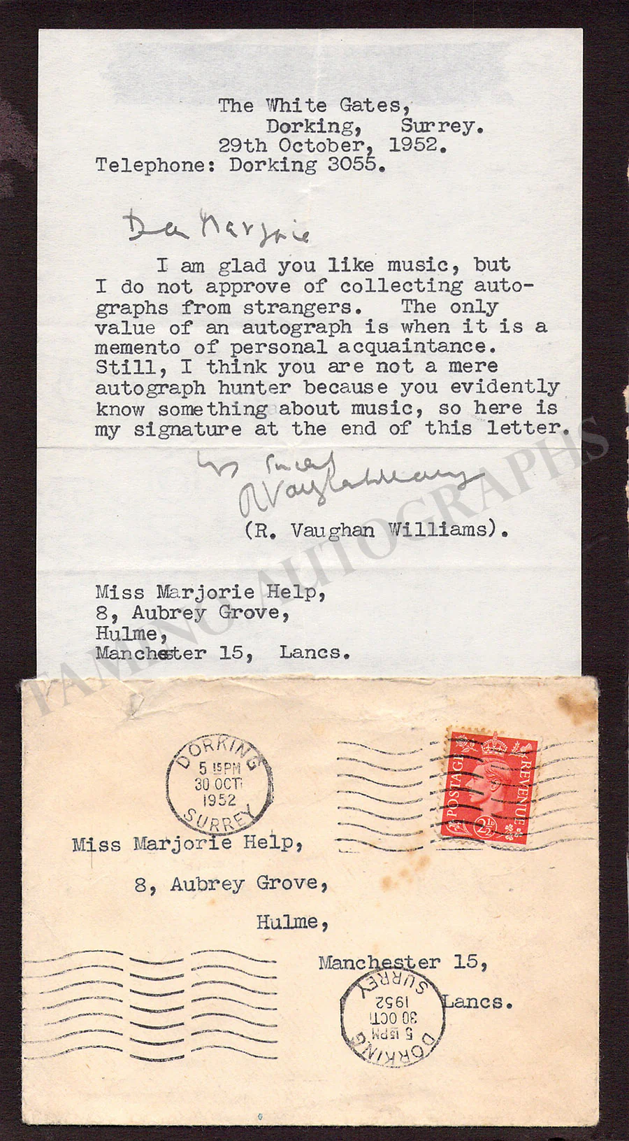 Vaughan Williams, Ralph - Typed Letter Signed 1952