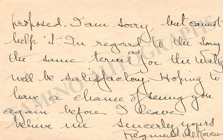 De Koven, Reginald - Autograph Note Signed - Image 2