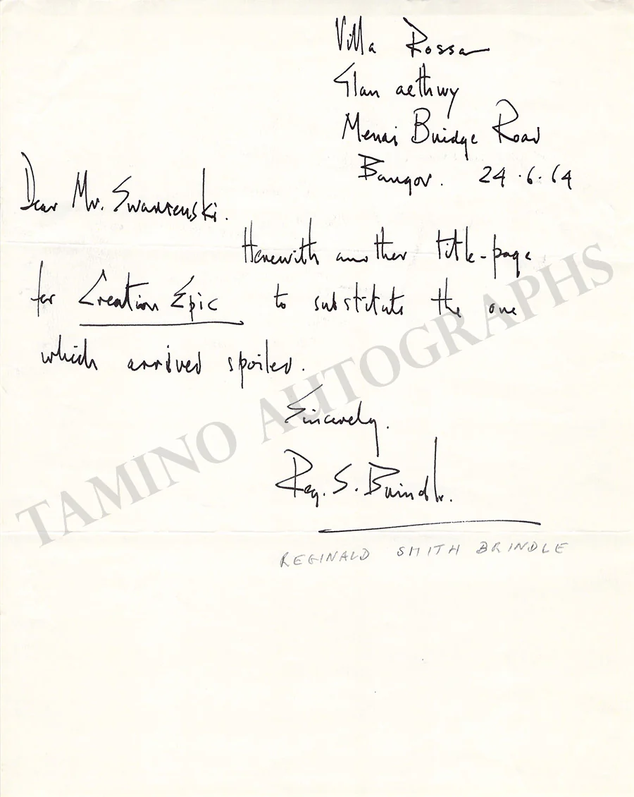 Smith Brindle, Reginald - Autograph Note Signed 1964