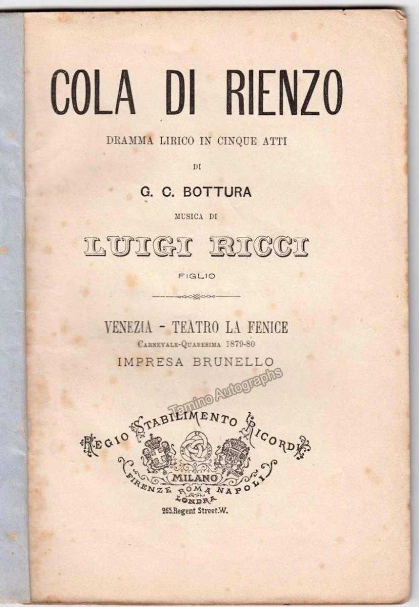 Ricci, Luigi - Cola Di Rienzo World Premiere Program 1880 - Image 2