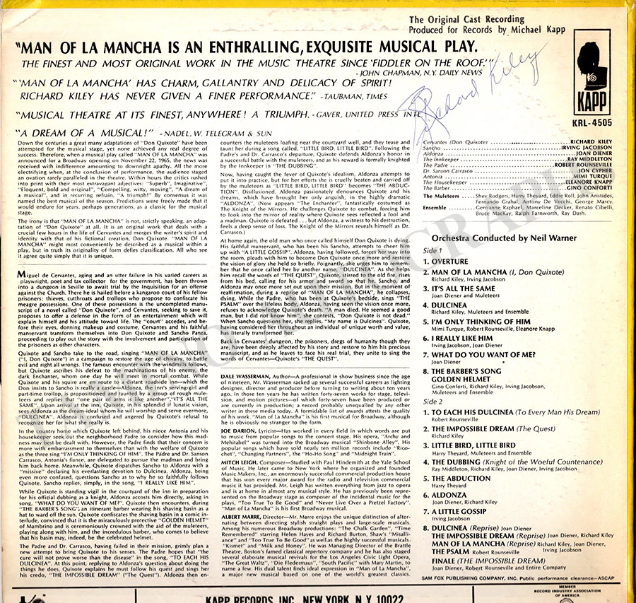 Kiley, Richard - Signed LP Record "Man of La Mancha" - Image 2