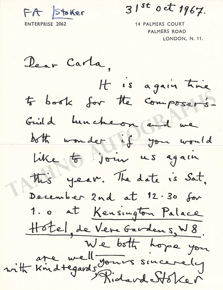 Stoker, Richard - Autograph Letter Signed 1967