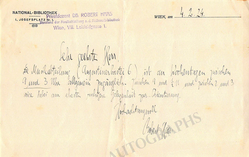 Haas, Robert - Autograph Note Signed 1924
