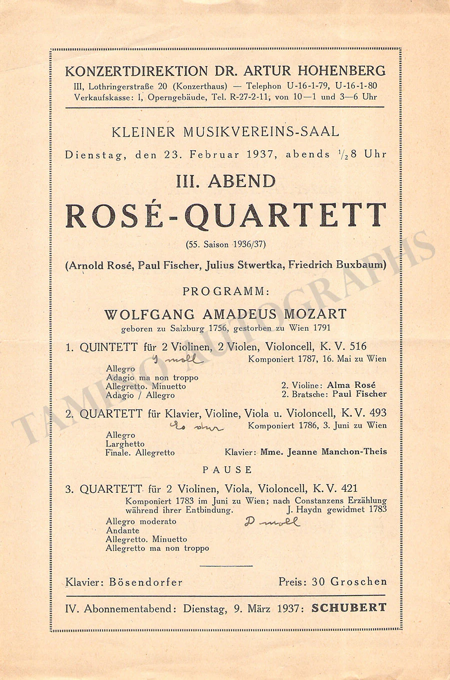 Rose Quartet - Lot of 14 Concert Programs 1895-1937 - Image 12