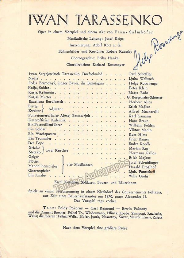 Roswaenge, Helge - Set of 3 Signed Opera Programs Vienna 1949
