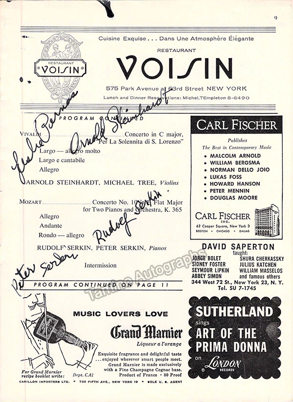 Serkin, Rudolf & Peter - Laredo, Jaime & Others - Signed Program New York 1962