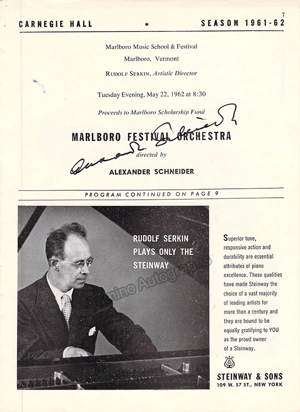 Serkin, Rudolf & Peter - Laredo, Jaime & Others - Signed Program New York 1962 - Image 2