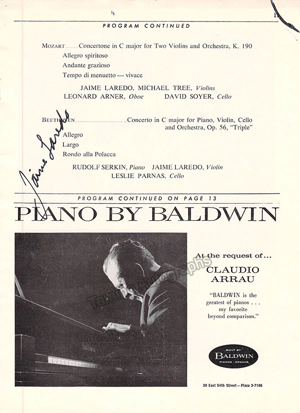 Serkin, Rudolf & Peter - Laredo, Jaime & Others - Signed Program New York 1962 - Image 3