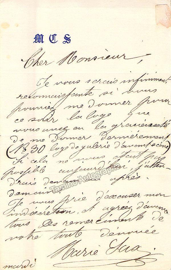 Sasse, Marie - Autograph Letter Signed 1880
