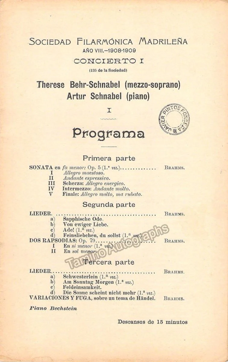 Schnabel, Artur - Set of 3 Concert Programs Madrid 1908