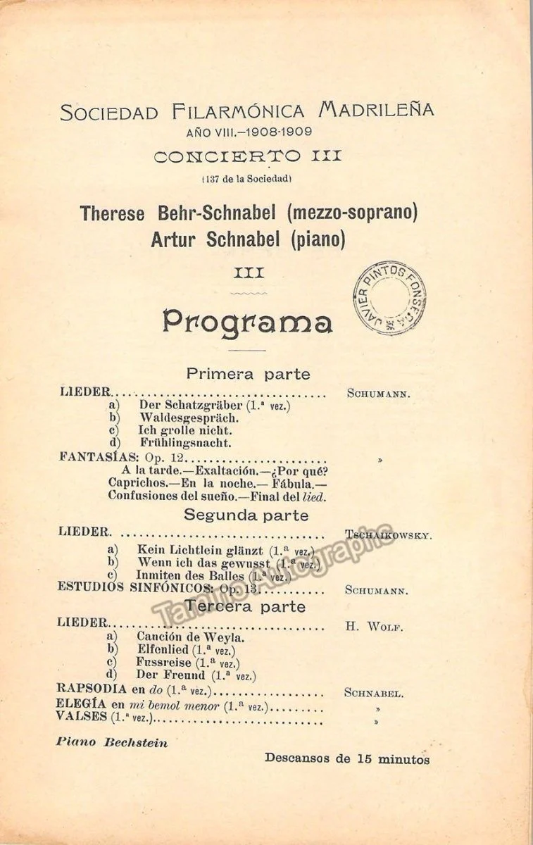 Schnabel, Artur - Set of 3 Concert Programs Madrid 1908 - Image 3
