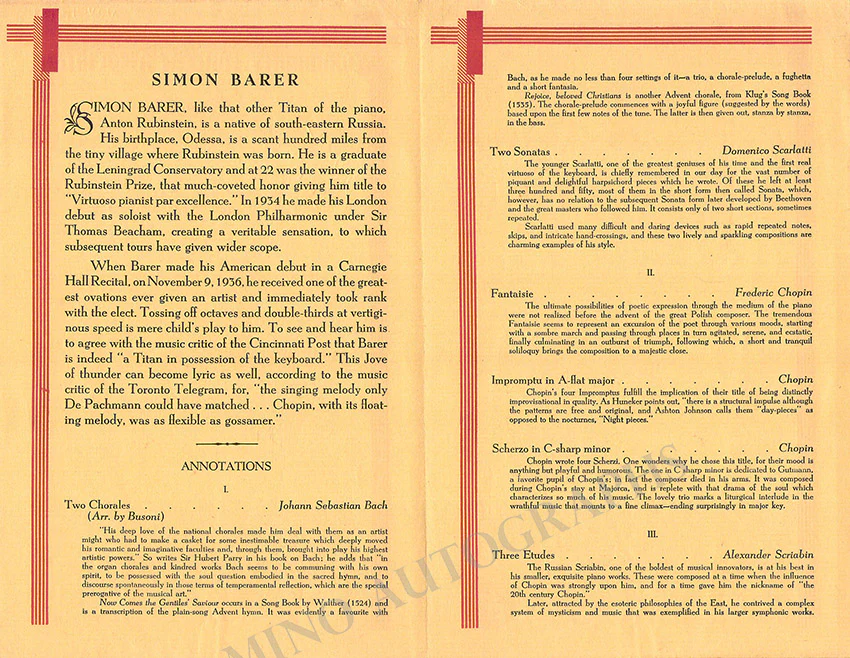 Barer, Simon - Signed Program New York 1939 - Image 2