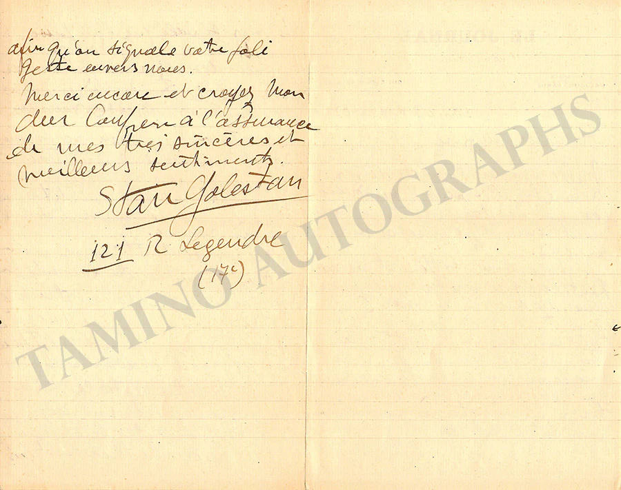 Golestan, Stan - Set of 2 Autograph Letters Signed 1918 & 1922 - Image 3