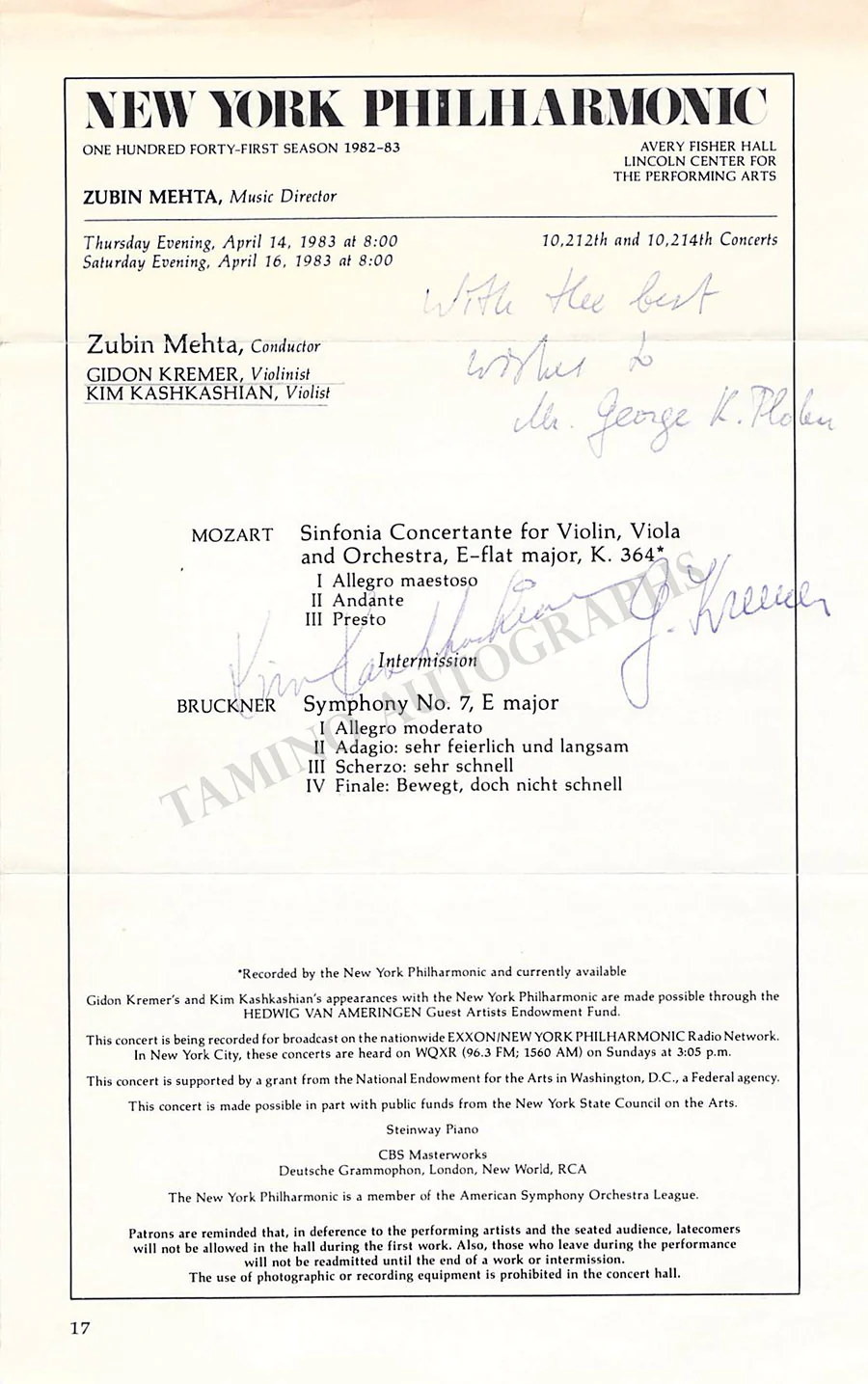 String Performers - Signed Program Pages – Set of 7