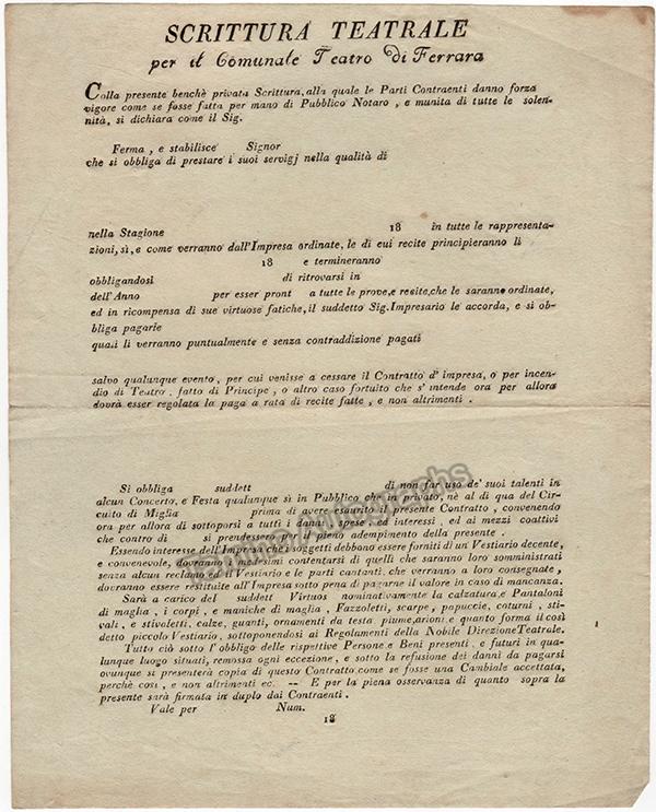 Teatro Comunale di Ferrara - Announcement Playbill and Contract 1826 - Image 2