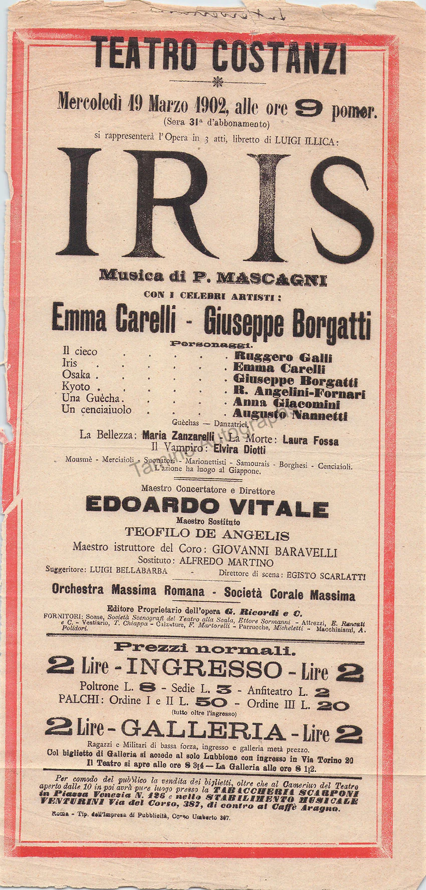 Teatro Costanzi - Unsigned Opera Playbills 1885-1910 (Various Playbills) - Image 24