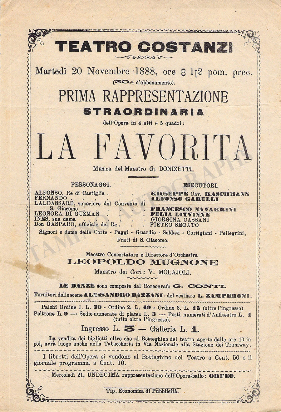Teatro Costanzi - Unsigned Opera Playbills 1885-1910 (Various Playbills) - Image 25