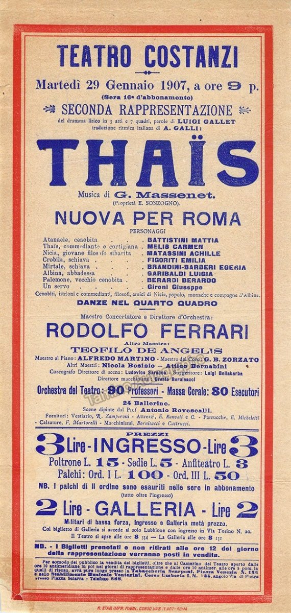 Teatro Costanzi - Unsigned Opera Playbills 1885-1910 (Various Playbills) - Image 5