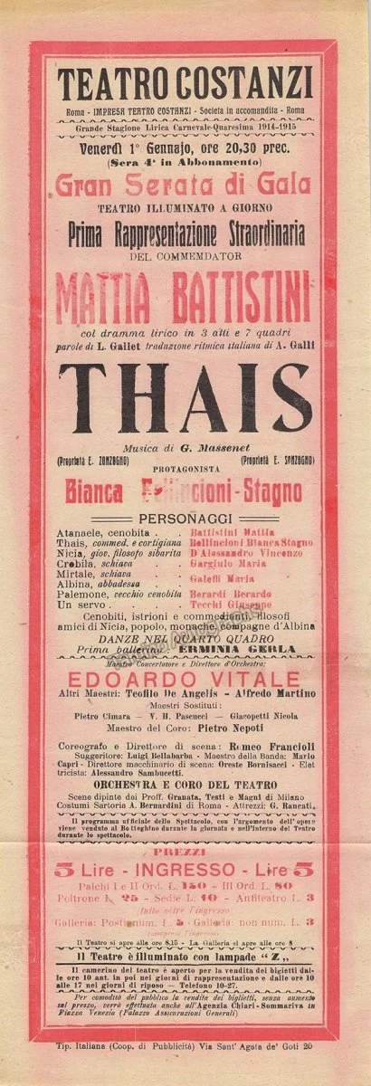 Teatro Costanzi - Unsigned Opera Playbills 1911-1925 (Various Playbills)