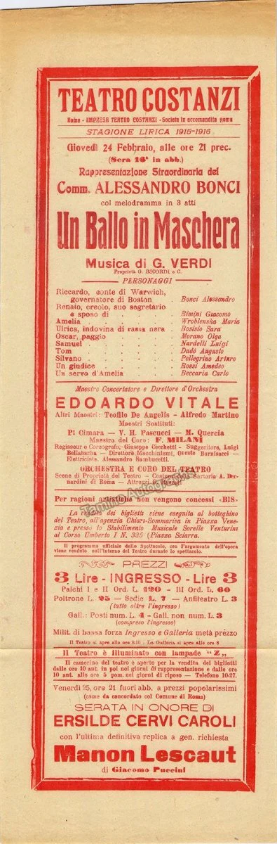 Teatro Costanzi - Unsigned Opera Playbills 1911-1925 (Various Playbills) - Image 12
