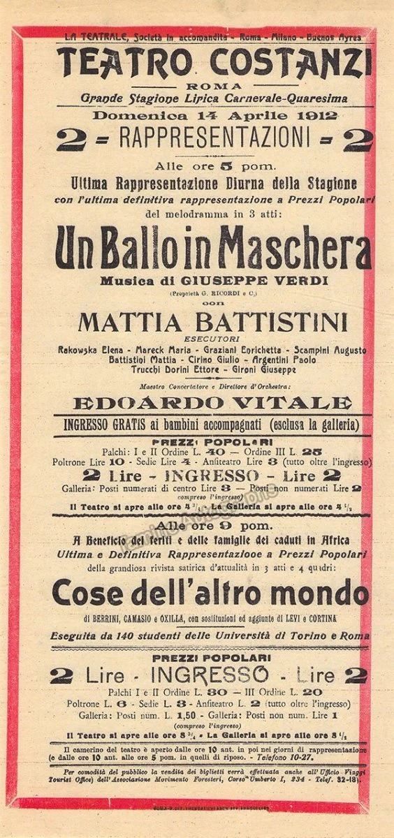 Teatro Costanzi - Unsigned Opera Playbills 1911-1925 (Various Playbills) - Image 13