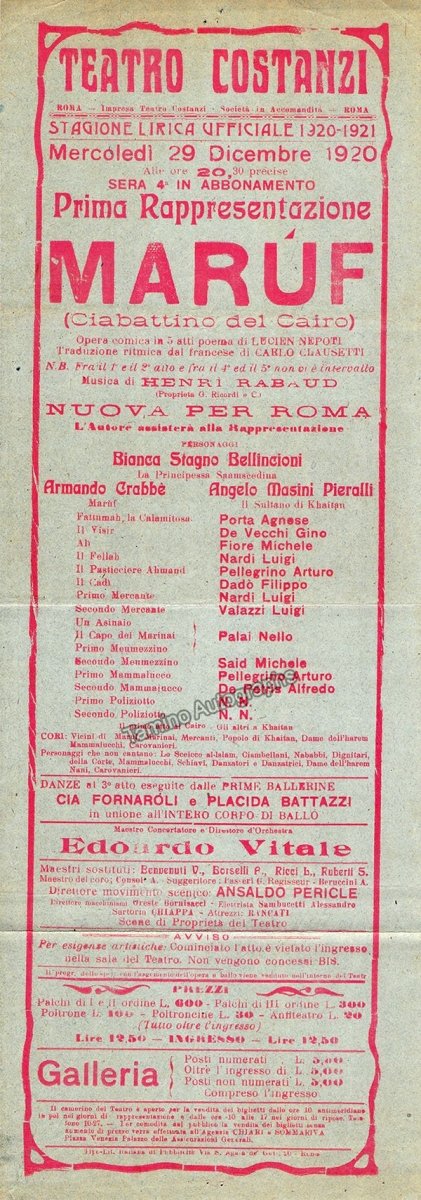 Teatro Costanzi - Unsigned Opera Playbills 1911-1925 (Various Playbills) - Image 15