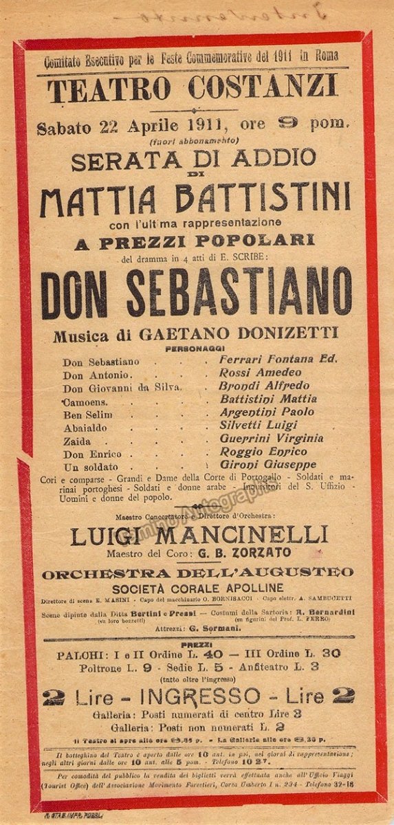 Teatro Costanzi - Unsigned Opera Playbills 1911-1925 (Various Playbills) - Image 16