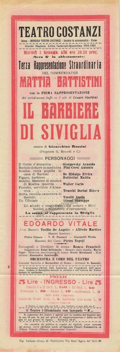 Teatro Costanzi - Unsigned Opera Playbills 1911-1925 (Various Playbills) - Image 2