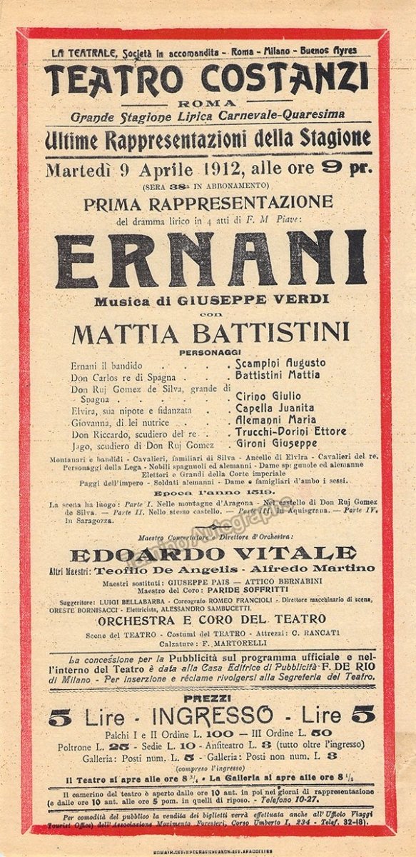Teatro Costanzi - Unsigned Opera Playbills 1911-1925 (Various Playbills) - Image 21