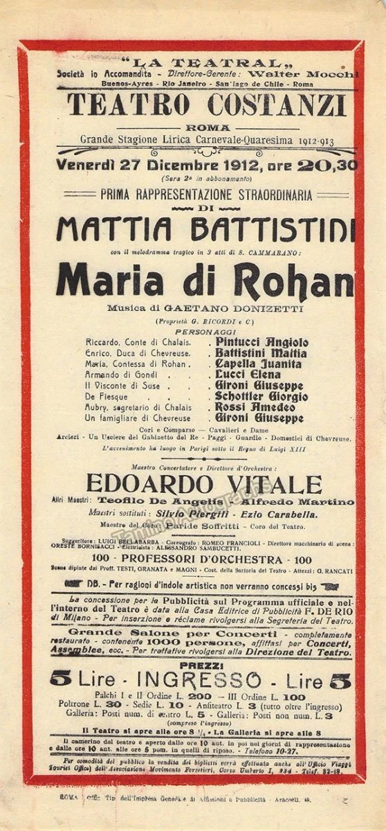 Teatro Costanzi - Unsigned Opera Playbills 1911-1925 (Various Playbills) - Image 22