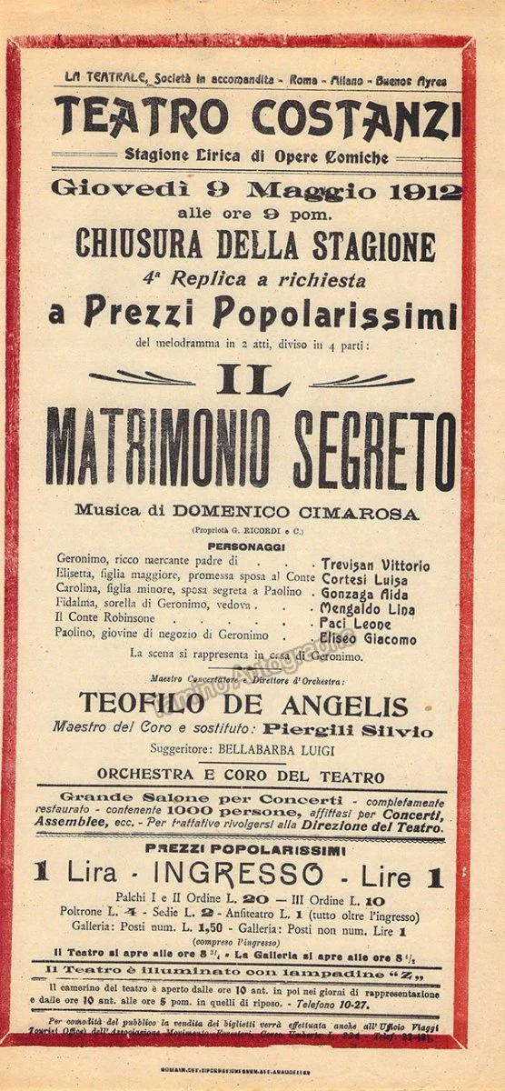 Teatro Costanzi - Unsigned Opera Playbills 1911-1925 (Various Playbills) - Image 25