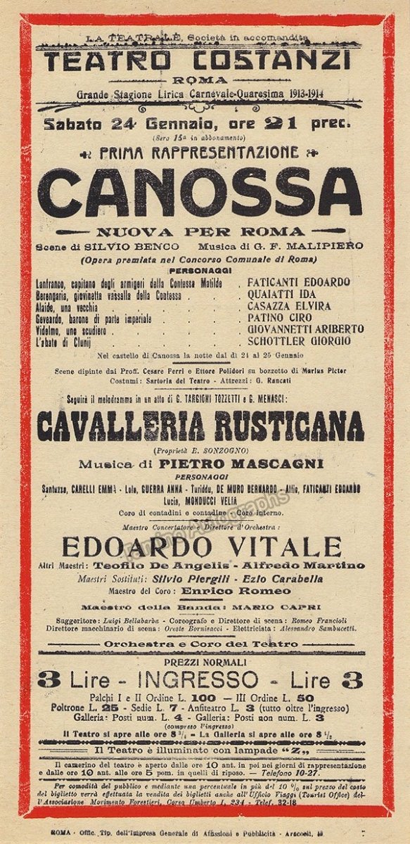 Teatro Costanzi - Unsigned Opera Playbills 1911-1925 (Various Playbills) - Image 26