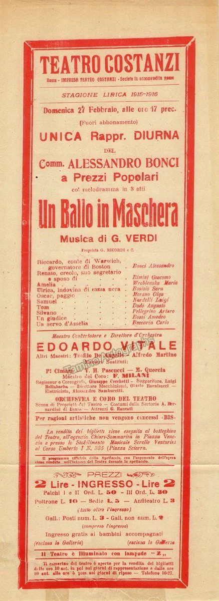 Teatro Costanzi - Unsigned Opera Playbills 1911-1925 (Various Playbills) - Image 27
