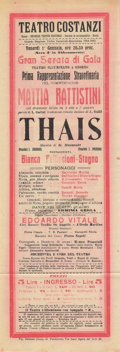 Teatro Costanzi - Unsigned Opera Playbills 1911-1925 (Various Playbills) - Image 29