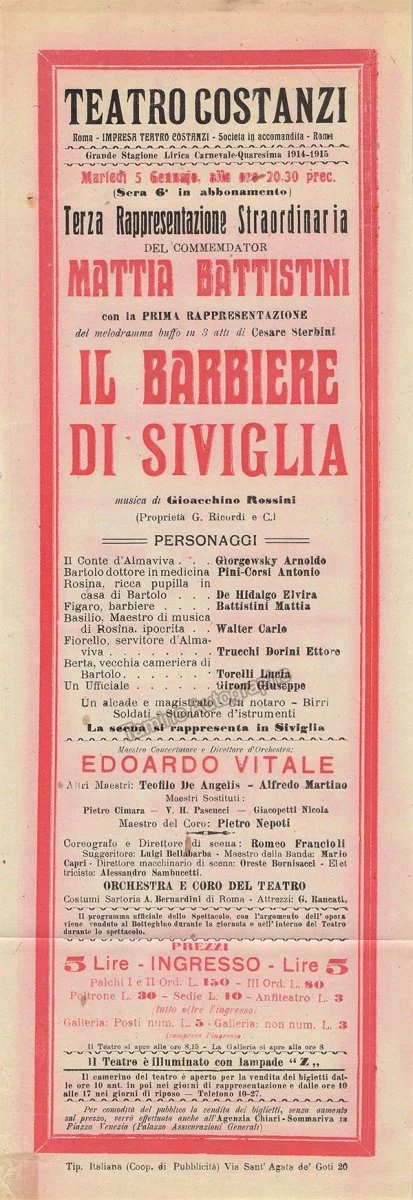 Teatro Costanzi - Unsigned Opera Playbills 1911-1925 (Various Playbills) - Image 30