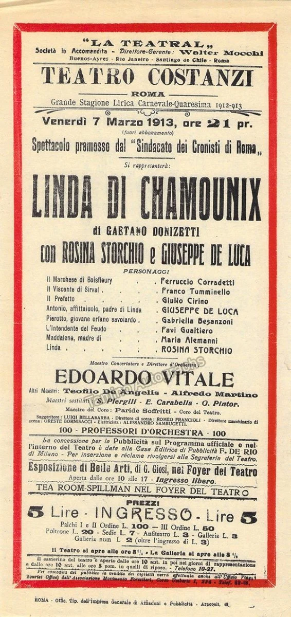 Teatro Costanzi - Unsigned Opera Playbills 1911-1925 (Various Playbills) - Image 35