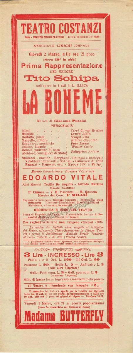 Teatro Costanzi - Unsigned Opera Playbills 1911-1925 (Various Playbills) - Image 36