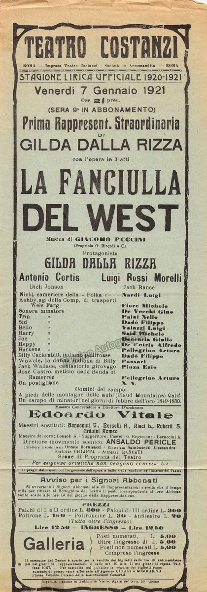 Teatro Costanzi - Unsigned Opera Playbills 1911-1925 (Various Playbills) - Image 37