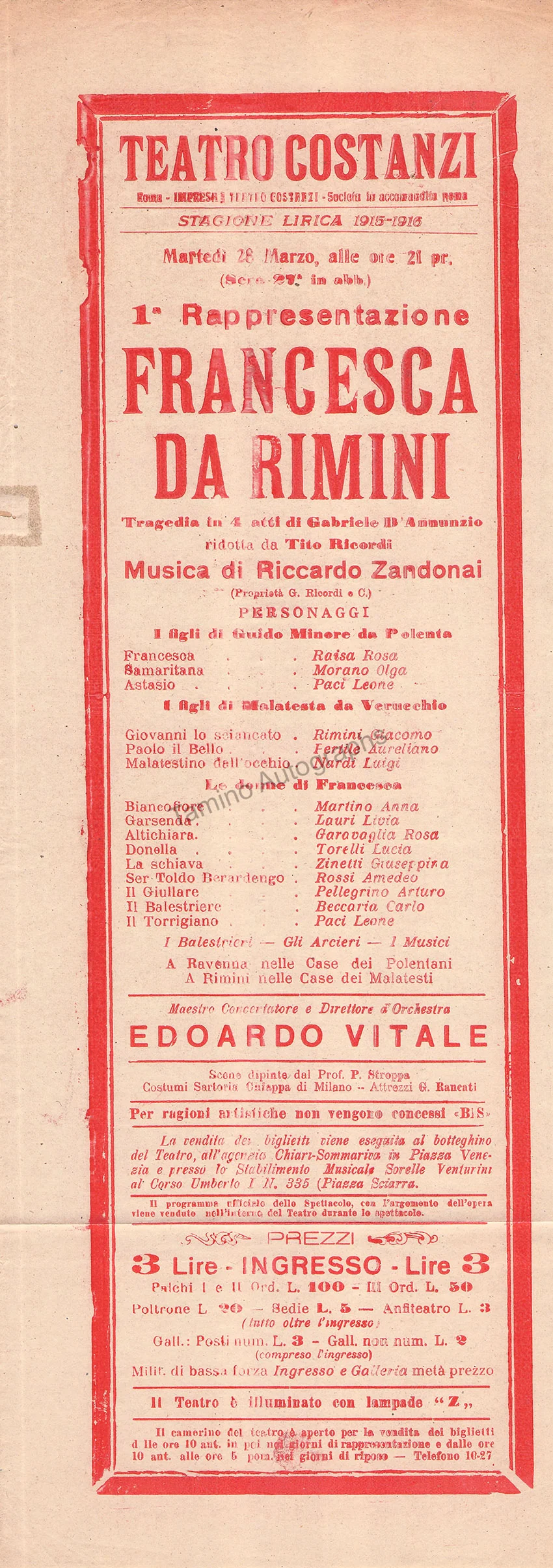 Teatro Costanzi - Unsigned Opera Playbills 1911-1925 (Various Playbills) - Image 42