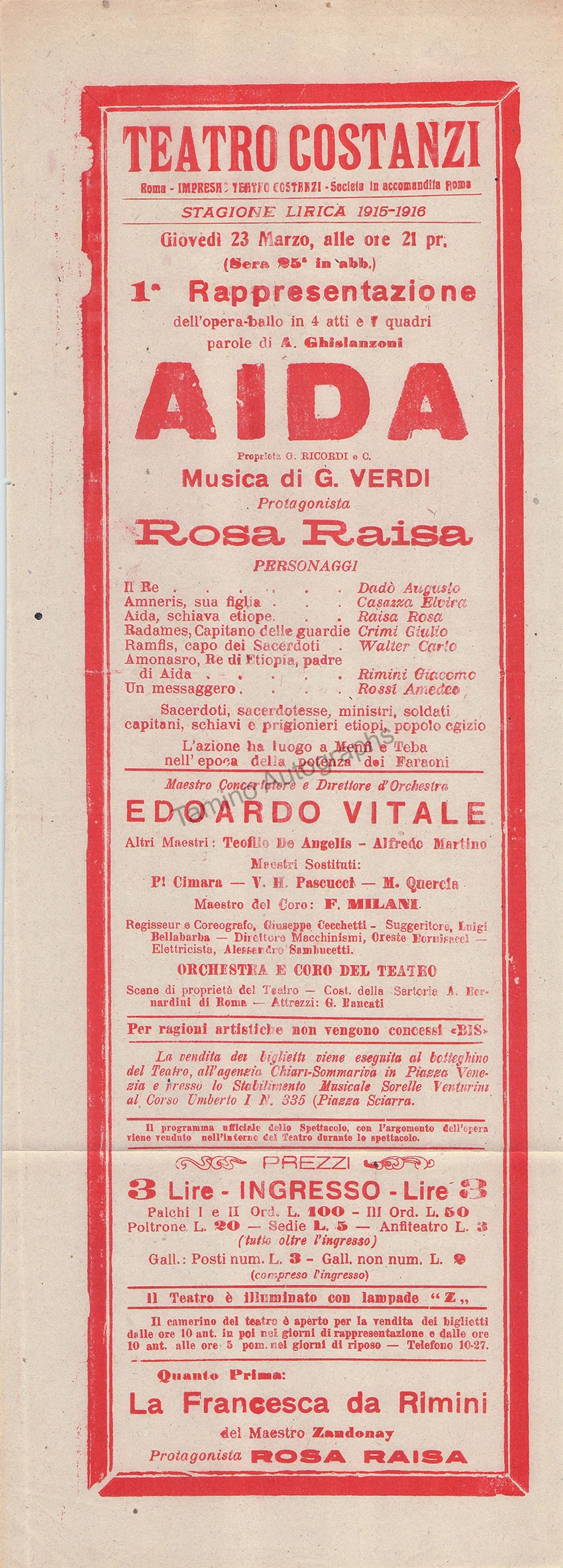 Teatro Costanzi - Unsigned Opera Playbills 1911-1925 (Various Playbills) - Image 43