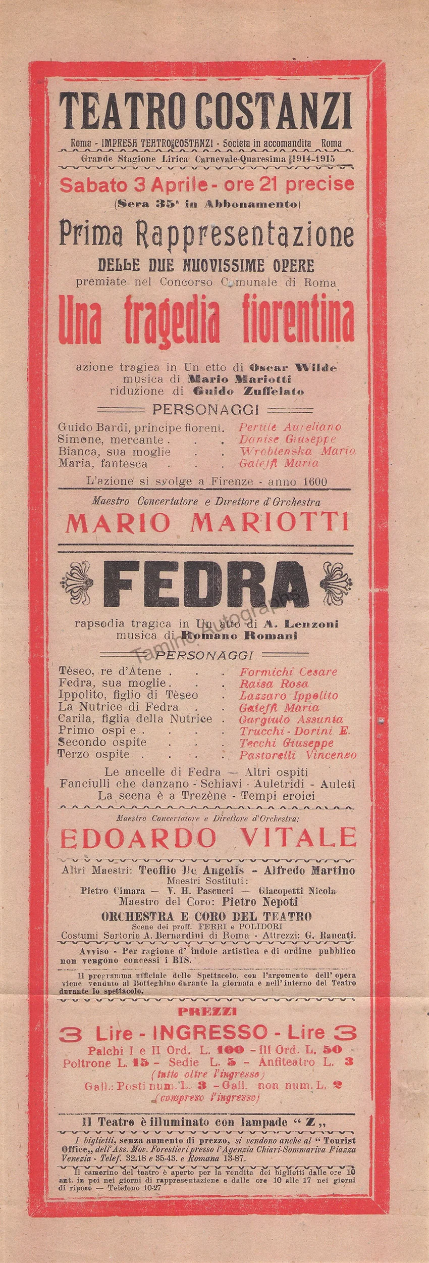 Teatro Costanzi - Unsigned Opera Playbills 1911-1925 (Various Playbills) - Image 44