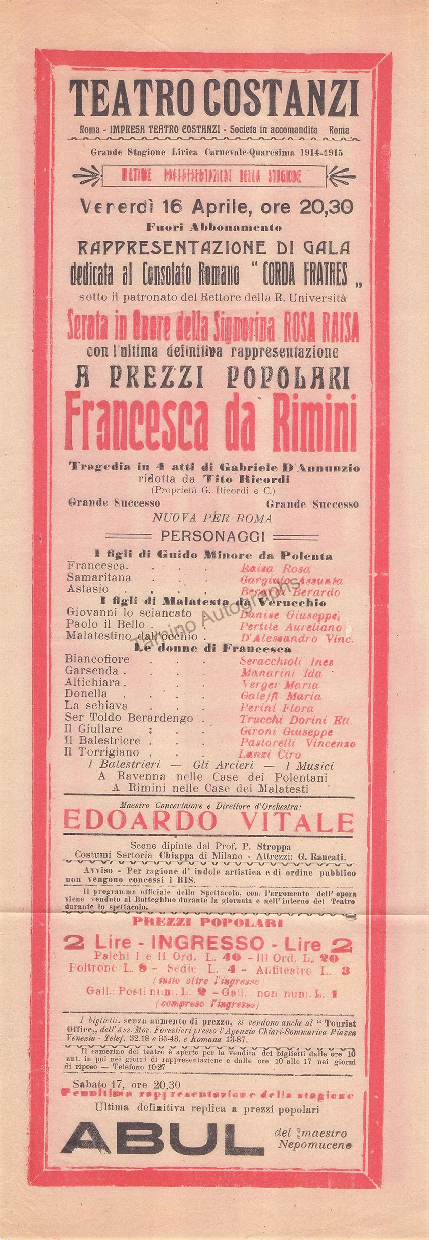 Teatro Costanzi - Unsigned Opera Playbills 1911-1925 (Various Playbills) - Image 45