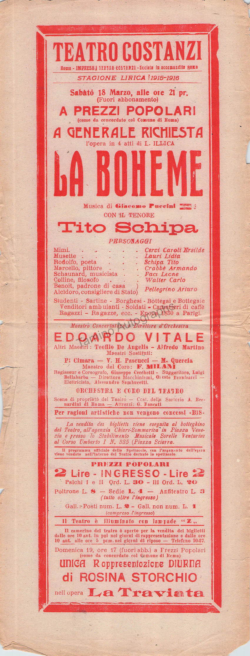 Teatro Costanzi - Unsigned Opera Playbills 1911-1925 (Various Playbills) - Image 47
