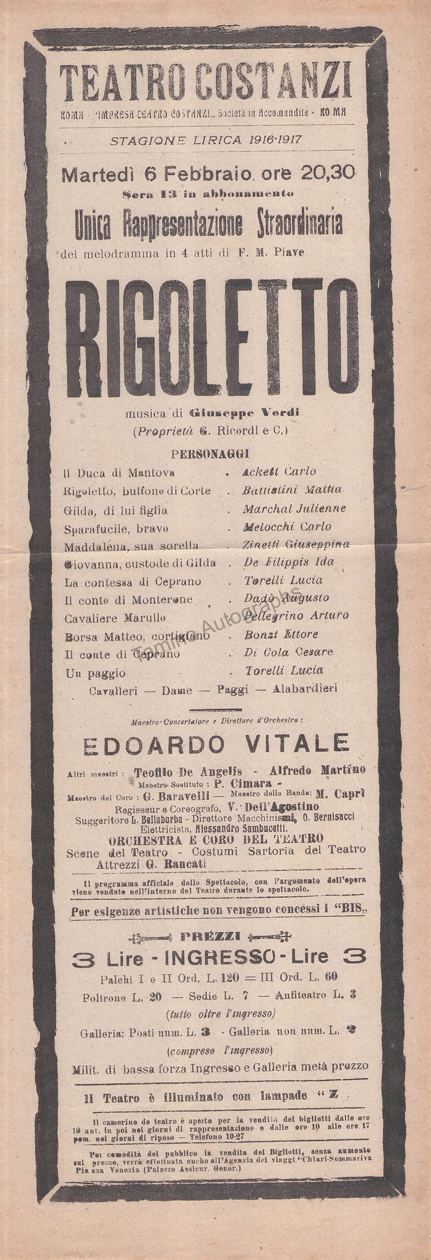 Teatro Costanzi - Unsigned Opera Playbills 1911-1925 (Various Playbills) - Image 48